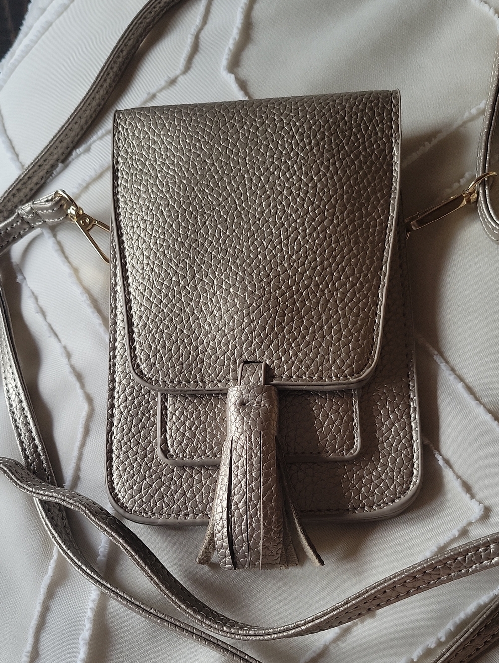 Gold Metallic Pebbled Crossbody Bag with Tassel